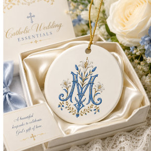 Catholic Marian Monogram Blue Floral Ceramic Ornament
