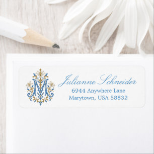 Catholic Marian Monogram Blue & Gold Return Address Label