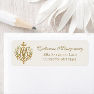 Catholic Marian Monogram Gold Crown Lily Return Address Label