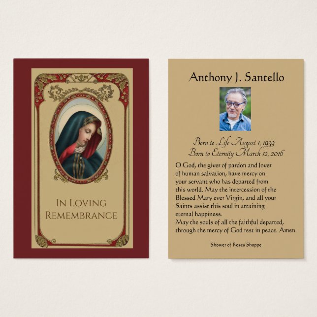 Catholic Mary Funeral Memorial Prayer Holy Card (Front & Back)
