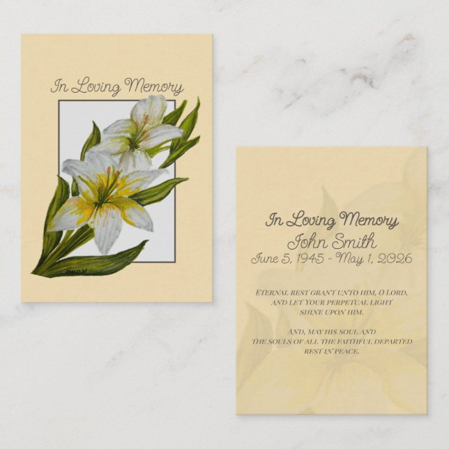 Catholic Memorial Remembrance Card | Lilies (Front/Back)