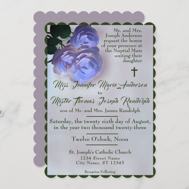 Catholic Misty Mauve and Green Wedding Invitation (Front/Back)