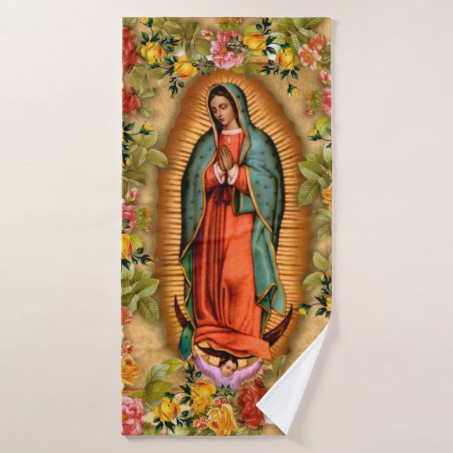 Catholic Our Lady of Guadalupe Virgin Mary Floral Bath Towel Set (Bath Towel)