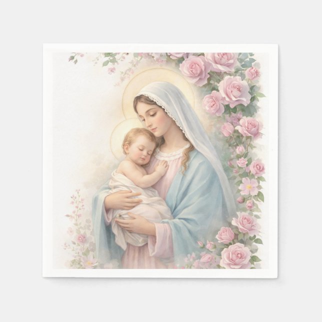 Catholic Pink Floral Baby Jesus & Mother Mary  Napkin (Front)