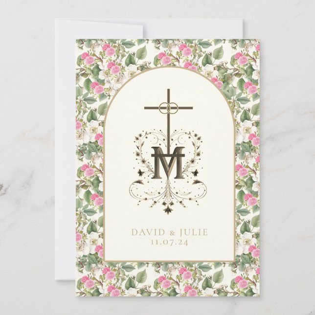 Catholic Pink & White Floral Religious Wedding  Invitation (Back)