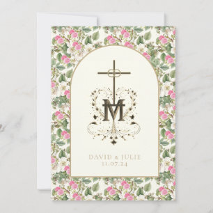 Catholic Pink & White Floral Religious Wedding  Invitation