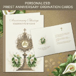 Catholic Priest Anniversary Ordination 50 Years Card<br><div class="desc">Featuring a beautiful card for a Catholic Priest celebrating his 50th Anniversary of Ordination with a Gold Monstrance and Eucharist adorned with white calla lilies.  All text and fonts may be modified.</div>