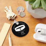 Catholic Priest Ordination Anniversary Key Ring<br><div class="desc">Catholic Priest Ordination Anniversary design features the image of a white priest collar and cross against a black background. Priest's name is displayed as an arch above image,  years celebrated is displayed below.</div>