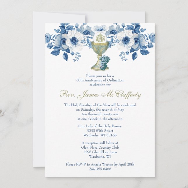 Catholic  Priest Ordination Blue Anniversary Invitation (Front)
