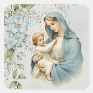 Catholic Religious Floral Jesus Virgin Mary  Square Sticker
