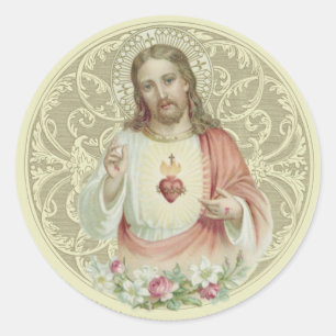 Catholic Religious Sacred Heart Floral Jesus Classic Round Sticker