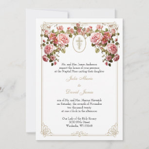 Catholic Religious Wedding Gold Cross Roses Invitation