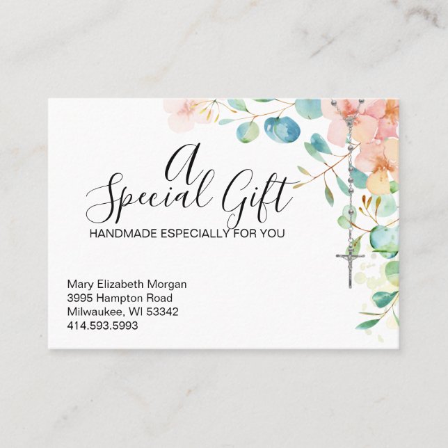 Catholic Rosary Eucalyptus Religious Floral Gift  Business Card (Front)