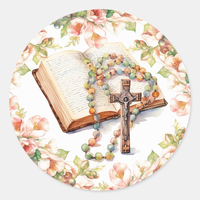Catholic Rosary Floral Bible Religious Classic Round Sticker (Front)