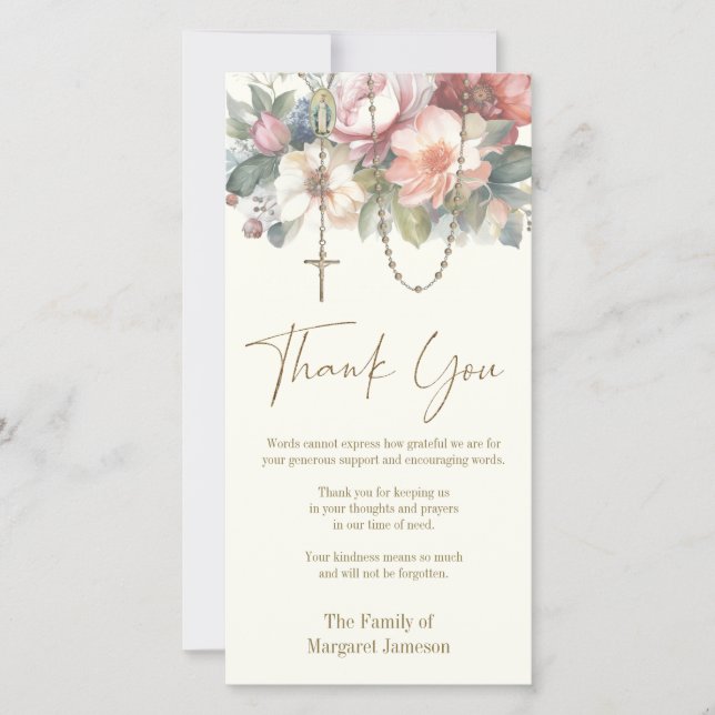 Catholic Rosary Floral Funeral Condolence Sympathy Thank You Card (Front)