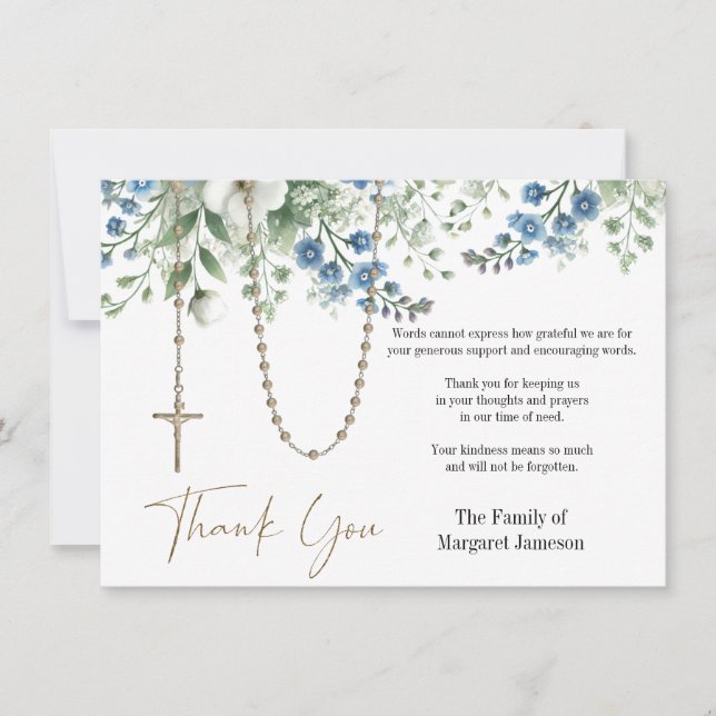 Catholic Rosary Floral Funeral Condolence Sympathy Thank You Card (Front)