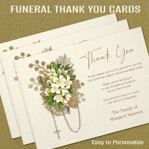 Catholic Rosary Floral Funeral Condolence Sympathy Thank You Card