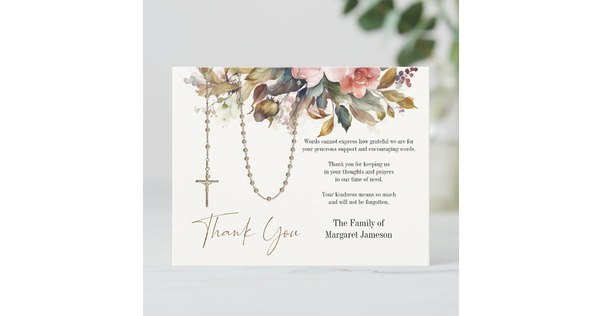 Catholic Rosary Floral Funeral Condolence Sympathy Thank You Card Zazzle
