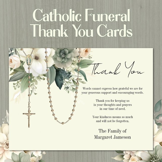 Catholic Rosary Floral Funeral Condolence Sympathy Thank You Card (Traditional Catholic Funeral Memorial Thank You Cards)