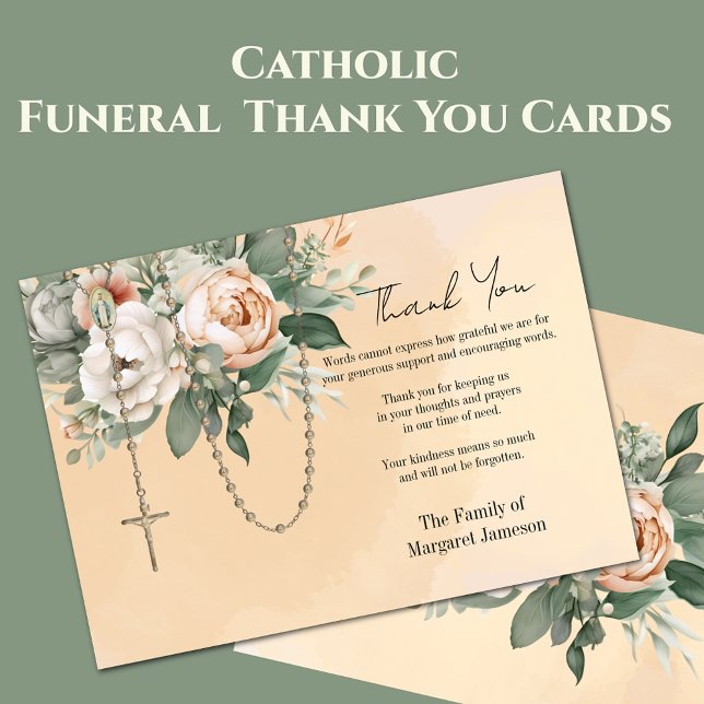 Catholic Rosary Floral Funeral Condolence Sympathy Thank You Card (Traditional Catholic Funeral Thank You Memorial Cards  - Easy to personalize)