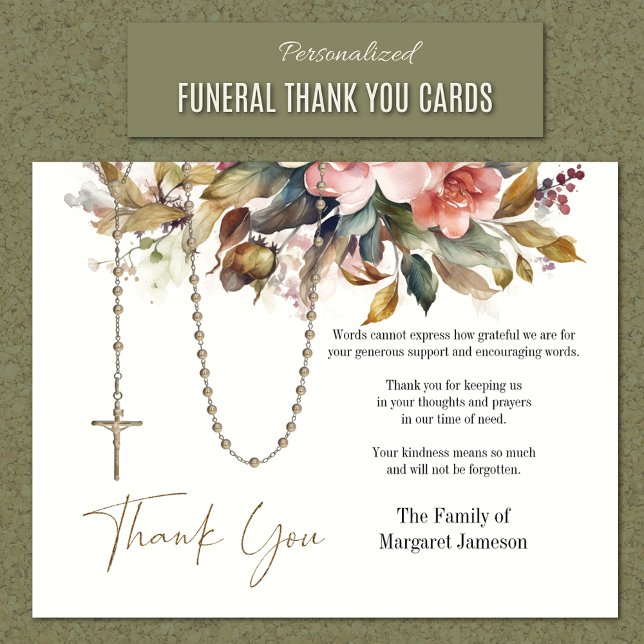 Catholic Rosary Floral Funeral Condolence Sympathy Thank You Card (Personalized Catholic Funeral Memorial Thank You Cards)