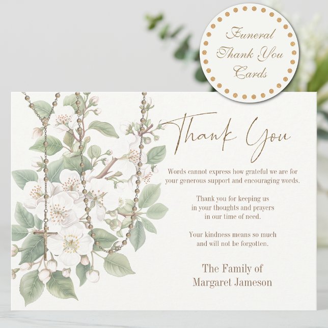Catholic Rosary Floral Funeral Condolence Sympathy Thank You Card (Creator Uploaded)