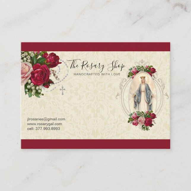 Catholic Rosary Pink Red Roses Virgin Mary  Busine Business Card (Front)