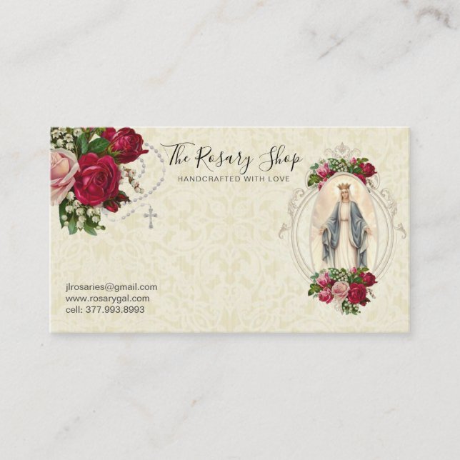 Catholic Rosary Pink Red Roses Virgin Mary  Business Card (Front)
