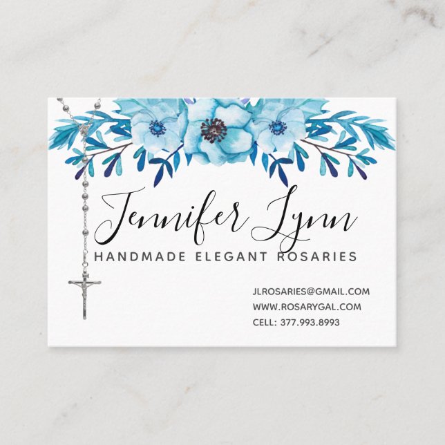 Catholic Rosary Religious Blue Floral Business Card (Front)