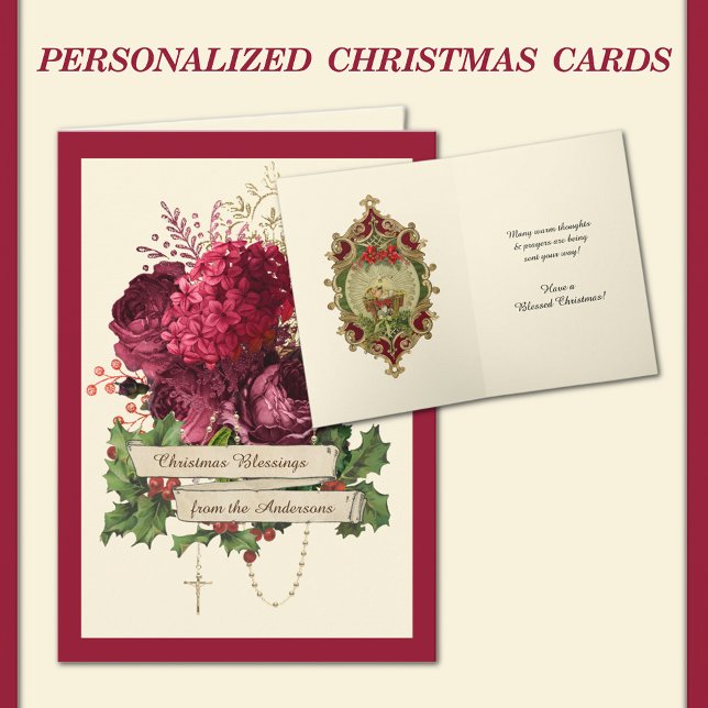 Catholic Rosary Roses Religious Baby Jesus Holiday Card (TRADITIONAL CATHOLIC VINTAGE CHRISTMAS CARD WITH HOLY ROSARY AND BABY JESUS )