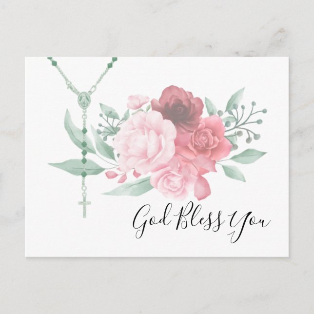 Catholic Rosary Roses Religious Floral God Bless  Postcard (Front)