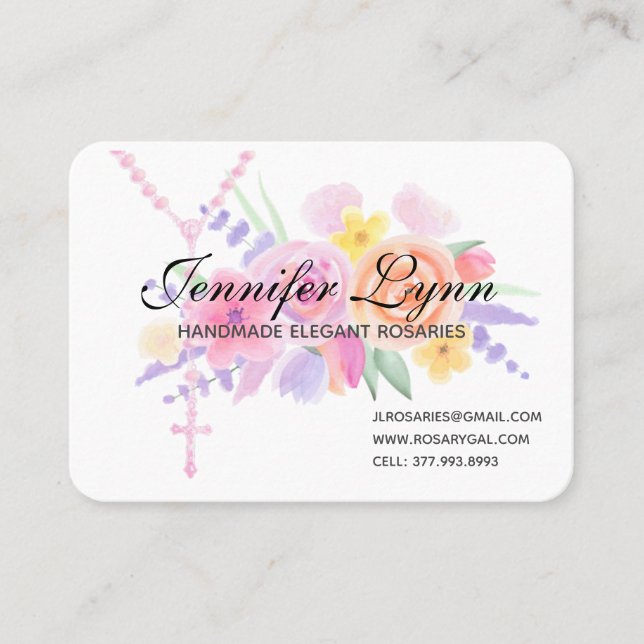 Catholic Rosary Watercolor Religious Floral Business Card (Front)