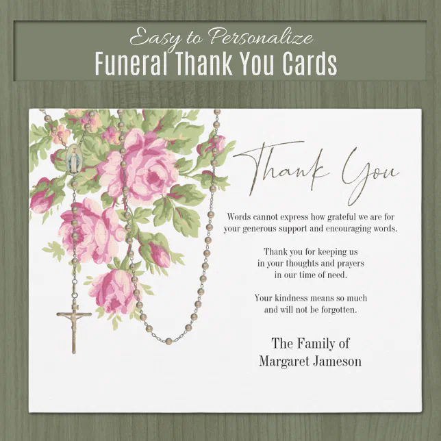 Catholic Roses Rosary Funeral Condolence Sympathy Thank You Card Zazzle