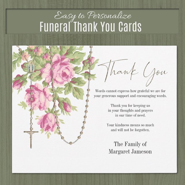 Catholic Roses Rosary Funeral Condolence Sympathy Thank You Card (Traditional Catholic Holy Rosary Flat Floral Funeral Thank you Condolence Cards)