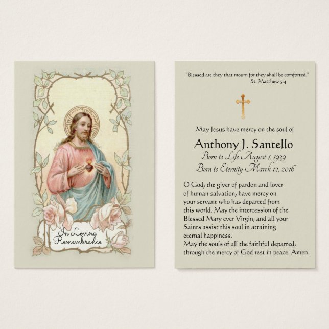 Catholic Sacred Heart Funeral Memorial Holy Card - (Front & Back)