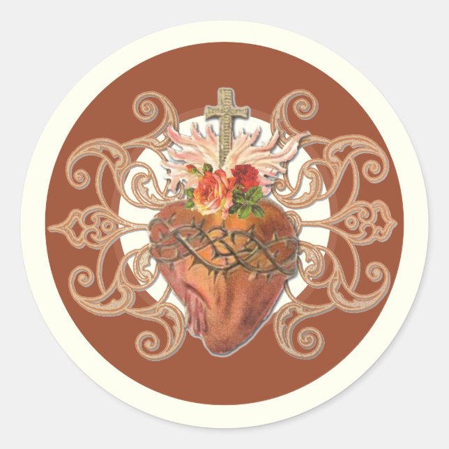 Catholic Sacred Heart Jesus Roses Elegant Classic Classic Round Sticker (Front)