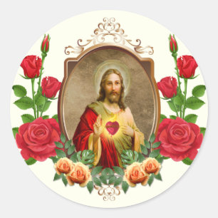 Catholic Sacred Heart Jesus Roses Elegant Classic Round Sticker