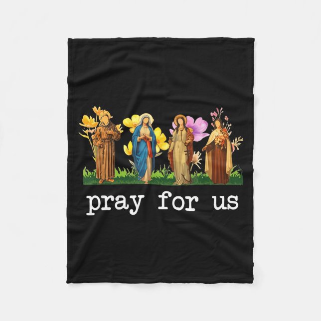 Catholic Saints Pray For Us Floral Religious Faith Fleece Blanket (Front)