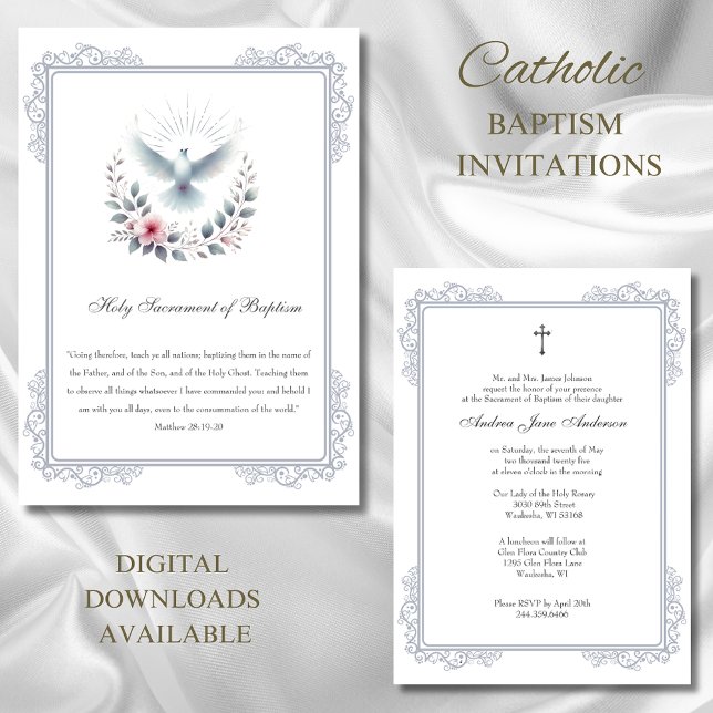  Catholic Silver Baptism Dove Pink Roses  Invitation (Creator Uploaded)