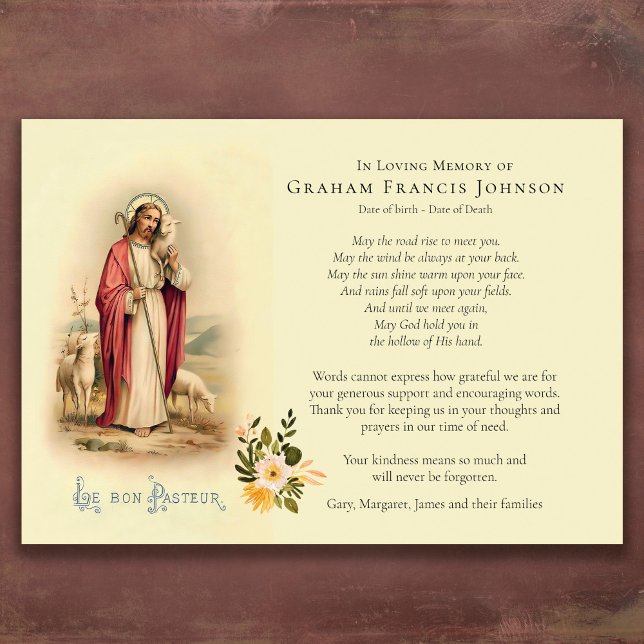Catholic Sympathy Good Shepherd Thank You Card (Jesus Good Shepherd Catholic Religious Bereavement Sympathy Funeral Thank You Card)