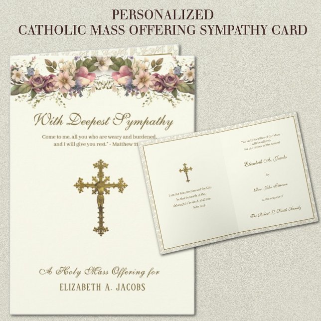 Catholic Sympathy Mass Offering Crucifix Floral Card (TRADITIONAL CATHOLIC LATIN MASS OFFERING SYMPATHY FUNERAL CARDS)