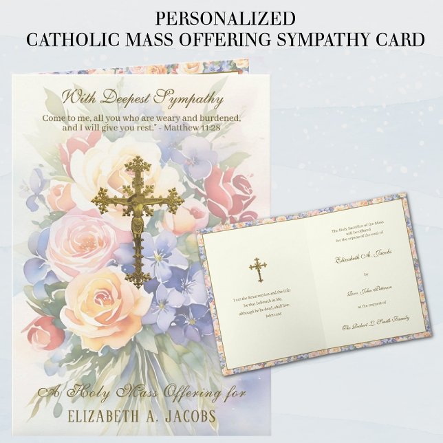 Catholic Sympathy Mass Offering Crucifix Floral Card (TRADITIONAL CATHOLIC MASS OFFERING SYMPATHY CONDOLENCE CARDS)