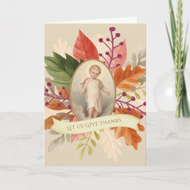 Catholic Thanksgiving  Child Jesus Autumn Leaves Holiday Card (Front)