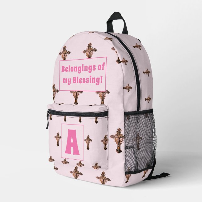 Catholic Themed Pink Monogrammed diaper bag (Back Corner Right)