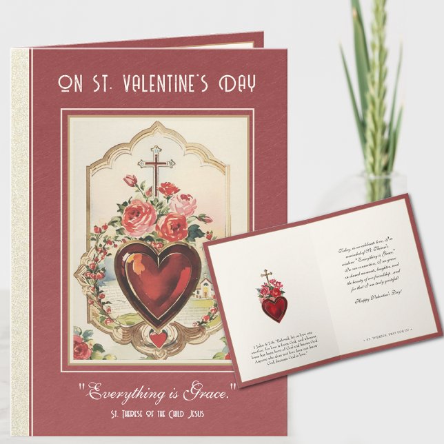 Catholic Valentine Roses St. Therese Heart Cross Card (BEAUTIFUL CATHOLIC VALENTINE WITH ST. THERESE QUOTES)