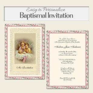 Catholic Vintage Girl Baptism Christening Angels  Invitation