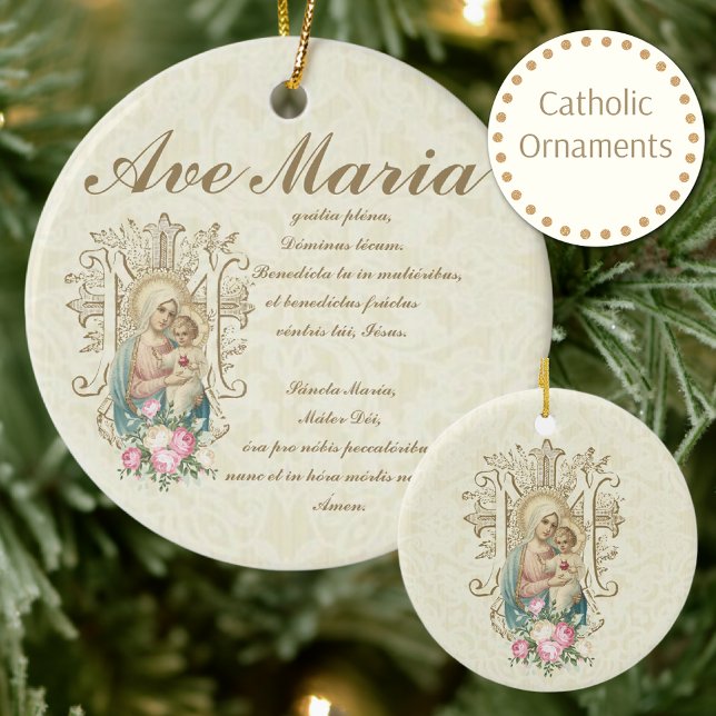 Catholic Virgin Mary Ave Maria Baby Jesus Floral Ceramic Ornament (Share the beauty of our Catholic heritage and inspire devotion with a gift that speaks to the heart.)