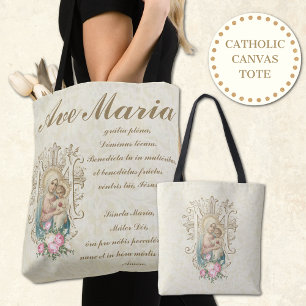 Catholic Virgin Mary Ave Maria Baby Jesus Floral Tote Bag