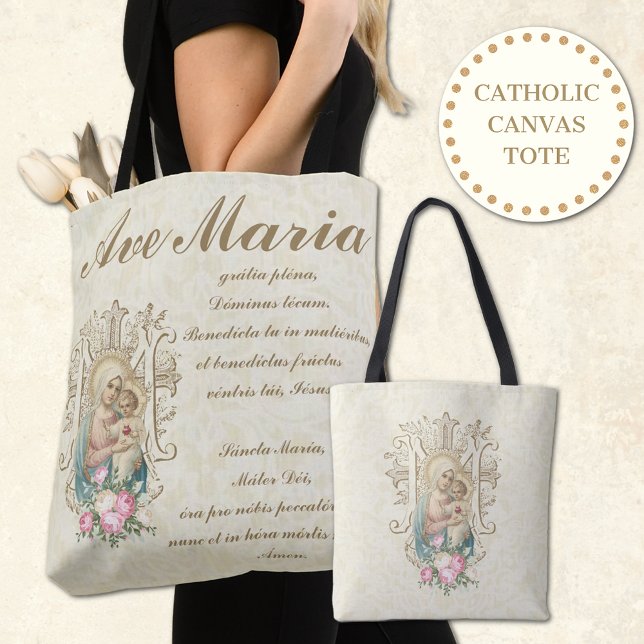 Catholic Virgin Mary Ave Maria Baby Jesus Floral Tote Bag (Share your love for Our Blessed Mother, Our Lady of Salvation. )