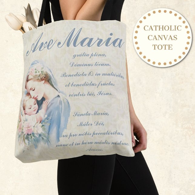 Catholic Virgin Mary Ave Maria Baby Jesus Floral Tote Bag (Creator Uploaded)